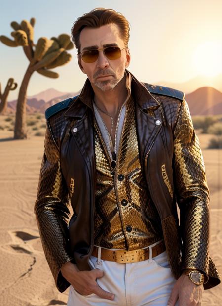 timeless style,  masterpiece, best quality, 8k, artstation, sharp focus, ultrarealistic, desert setting, high details, raw photo portrait of nc1, man, masculine, (wearing  brown and gold snakeskin jacket and sunglasses)  (slicked back pompadour) perfect face, perfect eyes, volumetric lighting, depth of field, cinematic lighting, 
 <lora:NicolasCage-10:1>