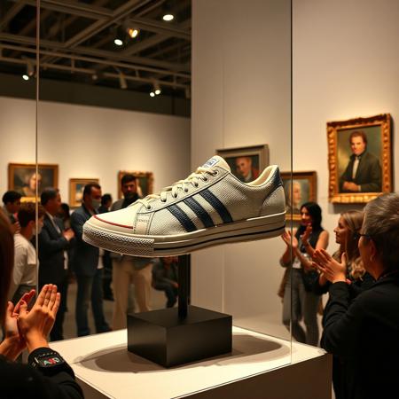 an art exhibition in which a tennis shoe is being displayed as a work of art, the public, which is rich, applauds the work