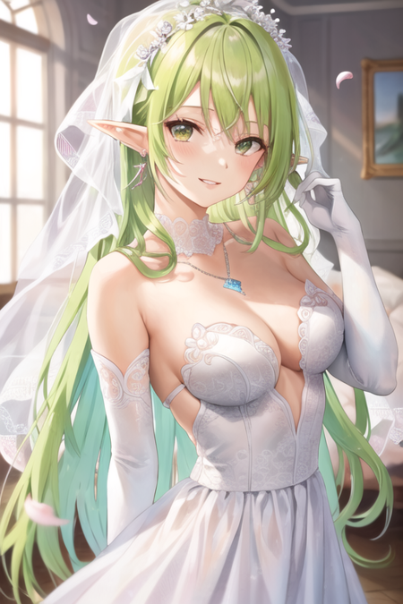 <lora:RenaErindel-09:0.6>, rena erindel, 1girl, solo, long hair, looking at viewer, smile, blonde hair, gloves, dress, cleavage, bare shoulders, jewelry, medium breasts, green eyes, collarbone, upper body, earrings, parted lips, green hair, sleeveless, pointy ears, elbow gloves, white gloves, necklace, white dress, see-through, petals, elf, veil, wedding dress, bridal veil