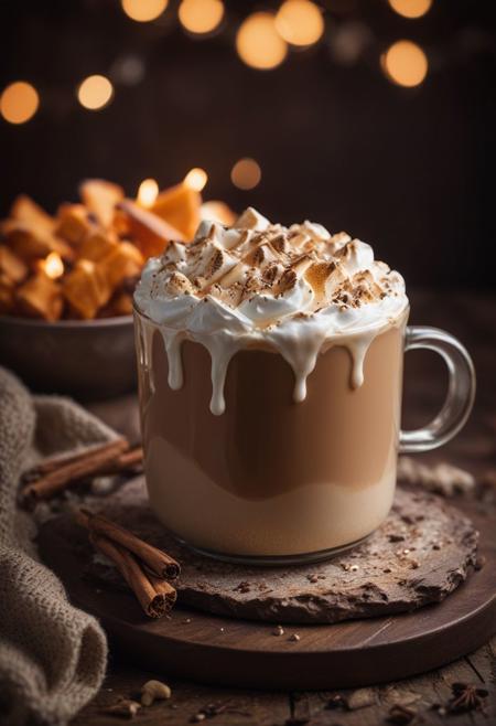 RAW photo, sweet potato marshmallow latte, cozy winter evening, food photo, DSLR, toasted marshmallows and a sprinkle of cinnamon garnish, soft lighting, high quality, film grain, Fujifilm XT