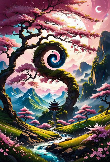 beautiful pink blossoms with yin yang sign hanging on the wall, in the style of max rive, anime aesthetic, landscape painting, swirling colors, balance,
