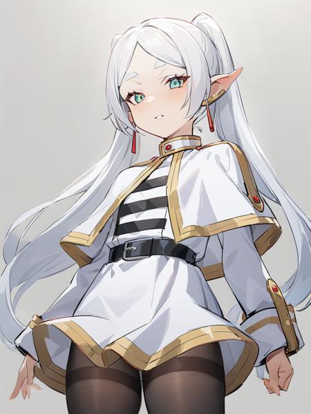 <lora:xl_Frieden:1>,Frieden is a girl with white ponytails long hair green eyes and sharp ears,She is wearing gold and white clothes and a skirt with a belt around her waist,pantyhose,, masterpiece, best quality,