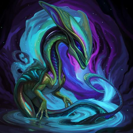 Alien, dog, fox, water-made ears, fire-made tail, intricate detailing, vibrant colors, unique patterns, textures, iridescent hues, deep blues, radiant purples, shimmering greens, fantastical creature, otherworldly beauty, extraterrestrial elements, familiar features.