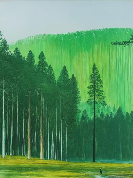 <lyco:PeterDoig:1.0> a home full of pines, misty, drawing in the style of peter doig