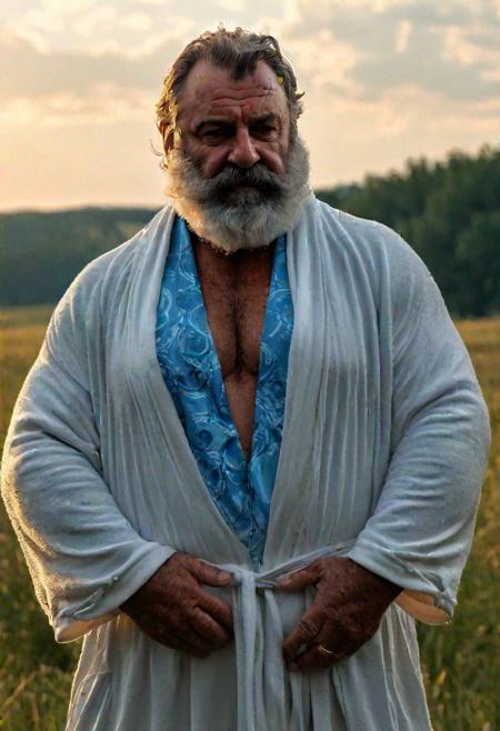 astrologer mystique adventurer, sci-fi megastructure, dark future. old heavy greek turkish wrinkly European daddybear, old musclechubbull gay husband saviour,2020s dorfromantik, big tall old greasy nasty Hairy tanned musclechub grandpa with big belly, rough broad chubby face, chubby puffy cheeks. white blue wet open revealing toba robes, small golden earring, epic challenging cool movie Protagonist maincharacter pose, open welcoming arms ready to give a big hug cuddle, meadow at sundown, ((fiery thunderous magic aura))
