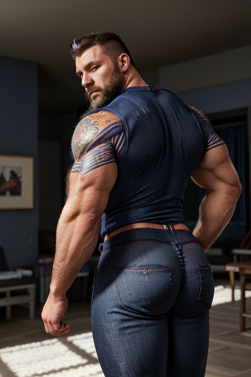 Photorealistic, Hyperrealistic, jeans, photo of muscular bearded (man) in a worn ((erotic blue tight trousers, massive hairy pecs)), muscle butts,  erotic, exuding sexual energy, homoerotic, sharp focus,  soft lighting, vibrant colors, (masterpiece),  (detailed face), back side, walking
