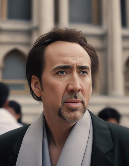 NicolasCage,<lora:NicolasCageSDXL:1>, (by Sandra Dieckmann:0.9) and Robby Cavanaugh, portrait,close up of a thin (Man:1.2) , Vibrant, ð¤©, wearing Tourist robe, his hair is Chestnut, near Enticing Hagia Sophia, at Overcast, Anime screencap, Romantic, Rembrandt lighting, F/2.8