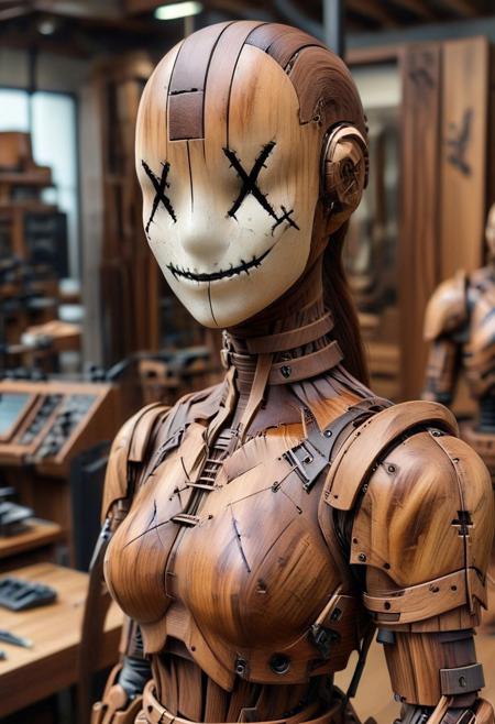 score_9, score_8_up, score_7_up, source_realistic, high quality v3, masterpiece, amazing quality, very aesthetic, face focus, depth of field, hrdwdaf, 
a closeup portrait of a female mannequin with cross shaped mask wearing wooden hardwood mecha cyborg armor made of wood,long brown dooden hair
