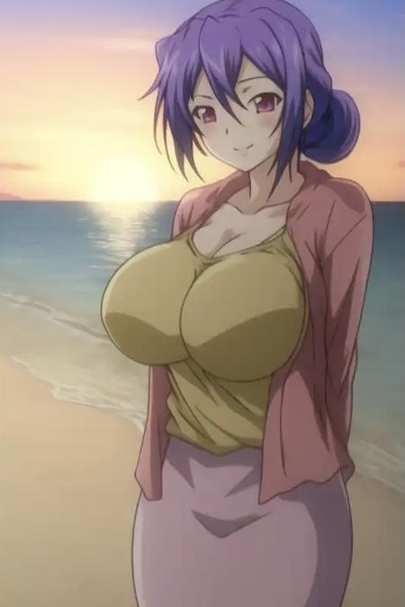 kazue, 1girl, purple_hair, red_eyes, hair_between_eyes, single_hair_bun, yellow shirt, huge breasts, cleavage, pink cardigan, purple skirt