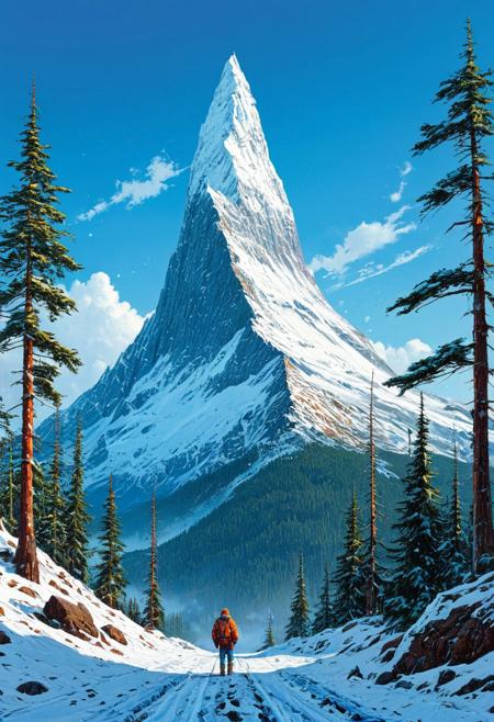 a tall snowy mountain peak, surrounded by thick forest, winter season, some clouds, blue sky, extreme long shot, simon stalenhag, complementary colors, ((Highest quality:1.0),(High resolution:1.0), (masterpiece:1.0), (ground level view:0.6, viewer looking up:0.6), beautiful and aesthetic:1.3), extreme detailed, colorful, highest detailed,((ultra-detailed)),(highly detailed CG illustration),,.(anime,cyberpunk,Moebius (Jean Giraud) Style page)