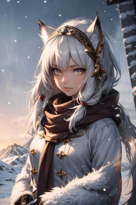 extreme quality, cg, detailed face+eyes, (bright colors), (anime), 1girl, impact, (winter), blizzard, time stop, sci fi, (tribal cat), (eskimo), animal ear fluff, fur trim, clouds, tan skin, (feather headdress), masterpiece, top tier, extravagant, 8k, unity wallpaper, unreal engine 5, ray tracing, 8k, cinematic, varied depth of field, octane render, elegant, tone mapping, hyper focus, parted lips, (indigo), dappled sunlight, (snowing), nature, winter coat, upper body, (morning glow), lighthouse, gold eyes, horizon, picturesque scenery, mountain, forest, looking at viewer, (tundra), SMM, bj_fault art