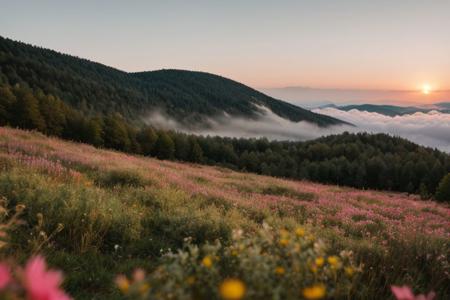 raw photo, a sunset landscape, Carpathian mountains valley temperate forests, Poland forest,  cozy, photorealistic, high detailed texture, 8k uhd, dslr, soft lighting, high quality, film grain, Fujifilm XT3, Sony A7 IV, highly detailed photography, (muted colors, cinematic, dim colors, soothing tones:1.2), vibrant, insanely detailed, hyperdetailed, (dark shot:1.2), (vsco:0.3), (intricate details:0.9), (hdr, hyperdetailed:1.2) (highest coherency: 1.39) (highest quality: 1.39) (rule of Thirds) (award winning) (breathtaking) (masterclass) (vibrant color: 0.79) (foggy: 1.09) (distant hillside) (spring flowers) (sharp focus forground)