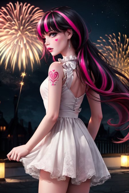 Draculaura, 1girl, pink hair, black hair, multicolored hair, pink eyes