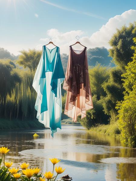 2girls,(masterpiece:1.2),best quality,multicolored,masterpiece,best quality,((an extremely delicate and beautiful)),floating,(detailed wet clothes),(detailed light),feather,nature,(sunlight),river,floating palace,beautiful and delicate water,(bloom),(shine),panorama,landscape,