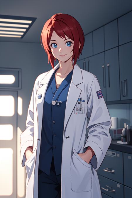 (RAW photo, best quality), 1girl,  natural lighting, solo, 
 <lora:ps2_amy_v1_2-000006:1>, ps2_amy, light smile,
doctor's coat, labcoat, hospital, scrubs,