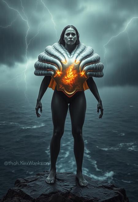 A powerful figure stands on a windswept ocean cliff, her body wrapped in a gigantic, glowing shell breastplate that reflects the moody, stormy sky. The shell’s iridescence catches every flash of lightning, creating a dramatic interplay of light across her chest. The dark ocean roils below, and rain begins to fall softly around her.