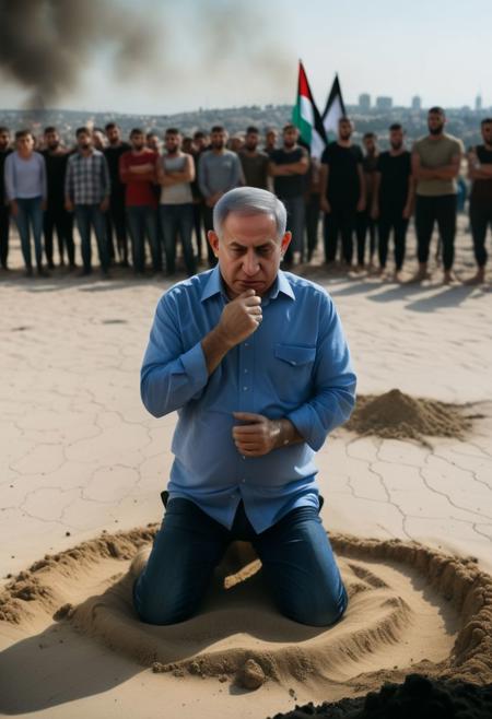 Benjamin Netanyahu  as crying and frightened hostage, on knees in sand  surrounded by angry Palestinian citizens,  the war is finally lost, cinematic, film still, (Palestinian flags flying in wind overhead:1.2), Jerusalem skyline in background, (burnt Israeli flag on ground:1.2), (burnt flag of israel), <lora:hyperkraximalism_v1-1:0.15> , (accurate Benjamin netanyahu face) ,