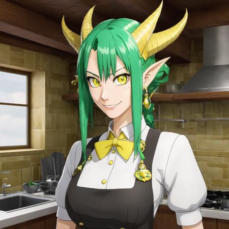 (ncrender) of a dragon maid with green hair and yellow eyes standing in a kitchen,dragon girl,dragon horns,maid headdress,upper body,portrait,<lora:NewCenturyRenderXL:1>
