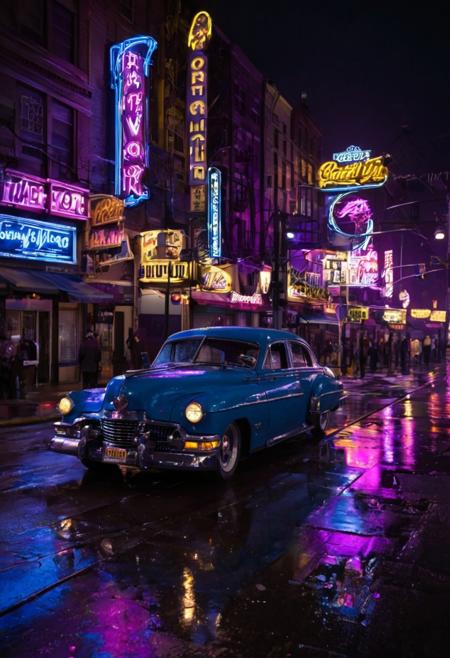 scenecore aesthetic the image portrays a scene reminiscent of a classic film noir. a vintage car, painted in hues of blue and pink, is parked on the side of a bustling city street lined with neon signs that glow in various colors. the cityscape is adorned with towering buildings reaching up into a sky painted in dark purple. streetlights cast their yellowish light onto the wet pavement below, reflecting off the shiny surface of the car. amidst this urban landscape, people can be seen going about their business, adding life to the scene. despite the vibrant atmosphere, there's an underlying sense of mystery and intrigue, much like the genre of film noir suggests. . alternative, neon, emo, highly detailed