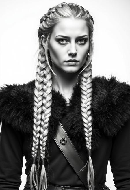 Upload
A striking black and white portrait of a woman with intricate, Viking-inspired braids cascading down her shoulders. Her hair, a silvery blonde, is meticulously woven into two thick braids that fall symmetrically on either side of her chest. The braids are tight and well-defined, showcasing the skill and precision involved in their creation. She wears a dark, fur-trimmed garment, possibly a cloak or tunic, which adds a rugged, medieval touch to her appearance. The fur trim is dark and contrasts sharply with the lighter tones of her hair and skin. A leather strap crosses her chest diagonally, suggesting she might be carrying a weapon or other gear, further emphasizing the warrior-like aesthetic. The background is a plain white, which draws all attention to the subject and her detailed attire and hairstyle. The lighting is soft and even, highlighting the textures of her hair and clothing without creating harsh shadows. Her expression is stoic and composed, adding to the overall impression of strength and resilience.