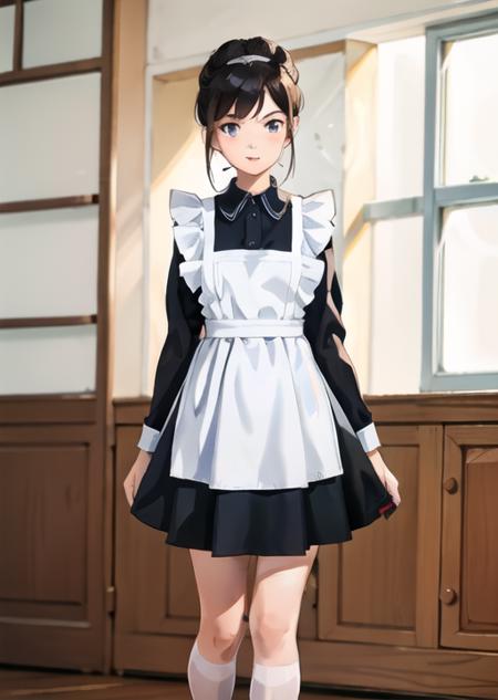 A woman 20 years old,in a Soviet school uniform with a white apron exudes an image of discipline and seriousness. Her uniform consists of a simple dress, often navy blue or black, with a white collar and cuffs. A school badge may be located on the chest. She can wear tall white socks and dressy black shoes. Hair neatly combed or gathered in a bun. A girl in a Soviet school uniform looks modest and old-fashioned, but also carries the spirit of discipline and respect for education, perfect face, ((sovietForm)),  <lora:sovietForm:0.75>