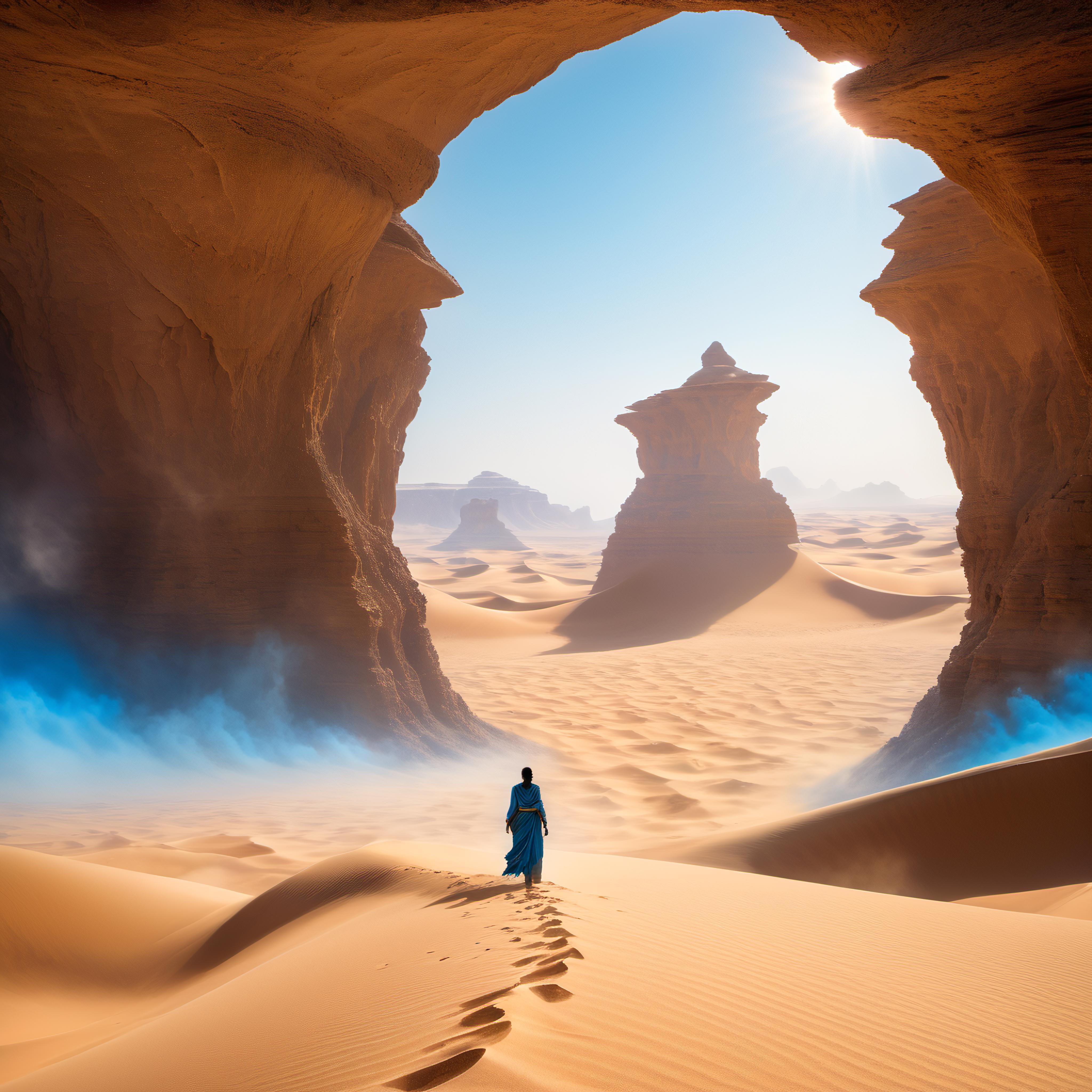 A person walking in a desert with sand dunes and rock formations in the background.
