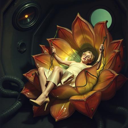 Terrified blonde damsel, clad in a  1950s long delicate silk slip, her glasses askew,  laying in center of giant carnivorous flower monster, restrained with thin vines, struggling to break free, surrounded by  glossy  transparent petals reflecting the faint glow of the weird alien laboratory. Glossy fluffy  high heels a stark contrast to her distress, while transparent nectar   mass covering her encasing in jelatinious mass . the walls appear to be alive, covered in a pulsing, iridescent slime, while giant observation portholes gaze in like empty eyes, as if the very darkness of space itself is watching this horrific scene unfold. Inspired by the dark, industrial sci-fi of H.R. Giger, the eerie, atmospheric lighting of Zdzisław Beksiński, and the surreal, biomechanical nightmares of Francis Bacon.