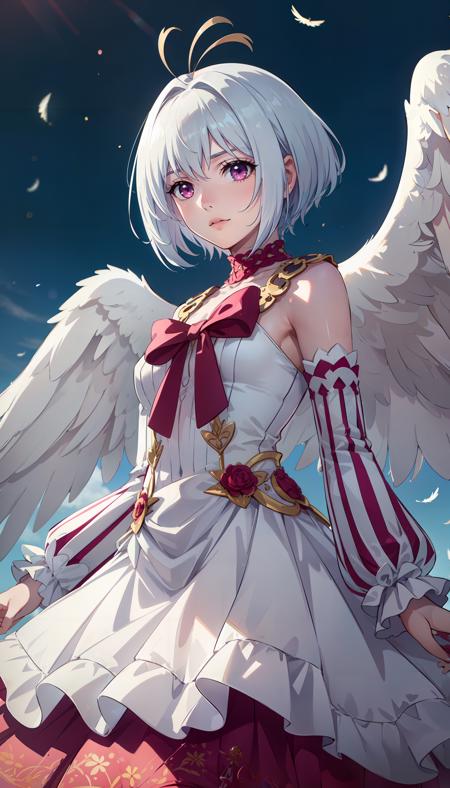 short hair white hair antenna hair ahoge pink eyes bare shoulders long sleeves white and pink dress bow angel wings frills