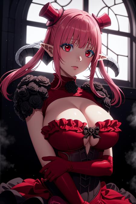 <lora:AstarothX_V3:0.8>  masterpiece, best quality, astarothx, twintails, (low horns), frilled dress, black rose, shoulder pads, mini top hat, red elbow gloves, large breasts, gothic window, (gothic:1.2), soft lighting, volumetric lighting, soft particles, dark, mysterious, mist