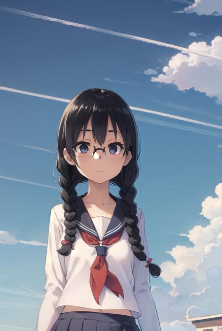 sakiyoshida, <lyco:sakiyoshida-lyco-nochekaiser:1>,
saki yoshida, long hair, braid, (twin braids:1.5), (glasses:1.2), hair between eyes, (black eyes:1.5), black hair, (hair over shoulder:1.5),
BREAK skirt, pleated skirt, serafuku, shirt, blue shirt, long sleeves, long skirt, blue skirt, blue sailor collar, sailor collar, neckerchief, red neckerchief,
BREAK outdoors, school, people, sky,
BREAK looking up, (cowboy shot:1.5),
BREAK <lyco:GoodHands-beta2:1>, (masterpiece:1.2), best quality, high resolution, unity 8k wallpaper, (illustration:0.8), (beautiful detailed eyes:1.6), extremely detailed face, perfect lighting, extremely detailed CG, (perfect hands, perfect anatomy),