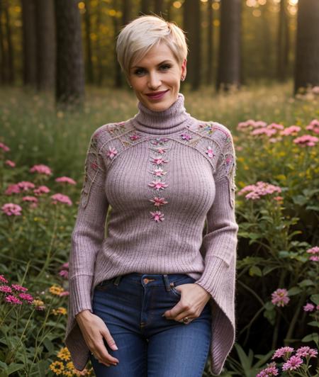 <t2n1v1>, nature, outdoor, Colorful flowers, undergrowth, warm light, sunset, upper body, breast, smile, Cloak, intricate, detailed eyes, jeans, (Knit turtleneck)