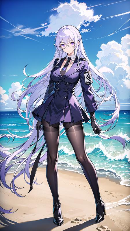 masterpiece, best quality,hoduraether, 1girl, solo, pantyhose, long hair, necktie, (full body:1.5), beach, standing on beach,  black footwear, boots, gloves, double-breasted, armband, buttons, braid, black uniform, glasses, breasts, bangs, long sleeves, shirt, black pantyhose, hair between eyes, collared shirt, purple eyes, black miniskirt, white shirt, black gloves, purple necktie, white hair, military uniform, black pantyhose, <lora:HodurAetherGazerV1.0:0.8>, detailed, standing,