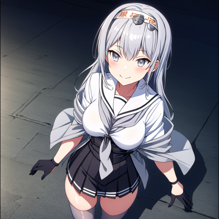 masterpiece, best quality, fuyutsuki, 1girl, solo, skirt, thighhighs, gloves,  school_uniform, grey_hair, pleated_skirt, serafuku, black_skirt, sailor_collar, neckerchief, grey_eyes, headband, white_sailor_collar, shawl, microskirt, hachimaki, grey_thighhighs, white_headband, grey_neckerchief, from above, height difference, at night, night illumination, tokyo, street scenery, <lora:animemix_16:1>, ((relax, light smile))