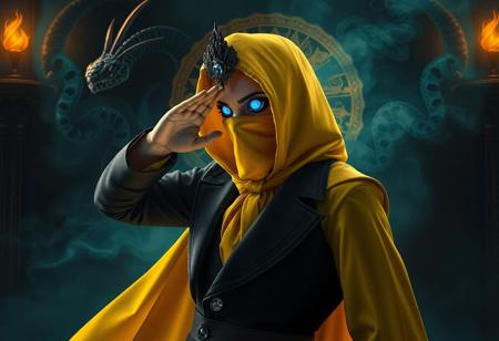 "Create a high-definition, lifelike image of a magician of Black Chaos, incorporating the golden ratio and a dark magic ritual background with a cyclops. The magician should be saluting, with a yellow magic theme and blue accents. Presented in a headshot, half-figure perspective, the magician should be in full uniform with a mono-yellow color scheme and a serpentine pose. The final product should be suitable for use as an app icon, with intricate details and trending on ArtStation, available as a wallpaper with the resolution of