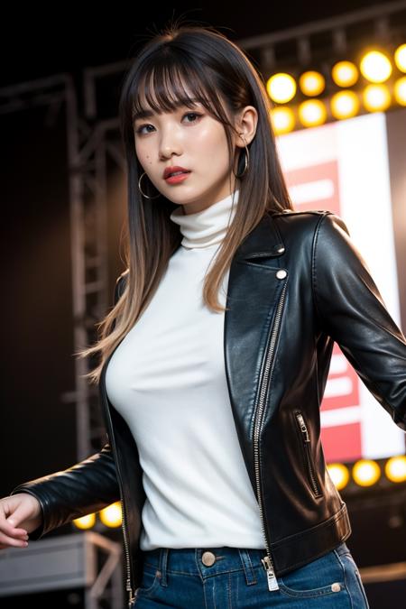 1girl,leather jacket,(stage:1.4),costume,sexy pose,best quality,masterpiece,illustration,an extremely delicate and beautiful,CG,unity,8k wallpaper,Amazing,finely detail,masterpiece,official art,extremely detailed CG unity 8k wallpaper,incredibly absurdres,huge filesize,ultra-detailed,highres,extremely detailed,beautiful detailed girl,realistic,full frontal,turtleneck shirt,<lora:Lilas Ikuta:0.8>,spotlight,