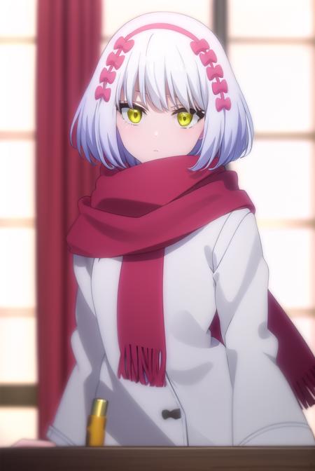 paulamccoy, <lora:paula mccoy s2-lora-nochekaiser:1>,
paula mccoy, short hair, bow, (yellow eyes:1.3), white hair, hair bow, hairband,
BREAK scarf, red scarf, coat, long sleeves, wide sleeves, white coat,
BREAK indoors, classroom,
BREAK looking at viewer, (cowboy shot:1.5),
BREAK <lyco:GoodHands-beta2:1>, (masterpiece:1.2), best quality, high resolution, unity 8k wallpaper, (illustration:0.8), (beautiful detailed eyes:1.6), extremely detailed face, perfect lighting, extremely detailed CG, (perfect hands, perfect anatomy),