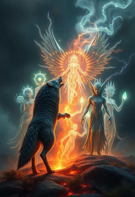 Wolf vs 7 bioluminescence translucent entities they are,
A Bioluminescence translucent Hydrogen God - H (Atomic number 1)
A Bioluminescence translucent Helium Goddess- He (Atomic number 2)
A Bioluminescence translucent Lithium God - Li (Atomic number 3)
A Bioluminescence translucent Beryllium Goddess- Be (Atomic number 4)
A Bioluminescence translucent Boron elf - B (Atomic number 5)
A Bioluminescence translucent Carbon/humanoid - C (Atomic number 6)
A bioluminescence translucent Nitrogen/demon - N (Atomic number 7)
Oxygen - O (Atomic number 8)
Masterpiece, 32k, 16k, 8k, 
sporadic bursts of volcanic energy.