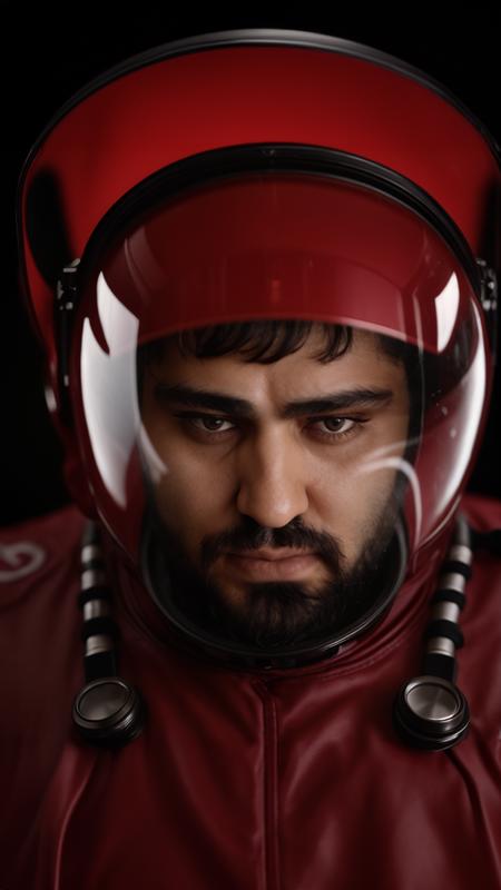 cinematic film still (<lora:seyit:1>) 1boy (seyit:0.8) wearing the space suit and space helmet from the movie A Space Odyssey, black hair, male focus, facial hair, thick eyebrows, beard, mature male, realistic, (Round eyeglasses), mustache, realistic round frame eyewear, looking at the camera through the glass visor of the helmet, realistic glass reflections, red cinematic artistic lighting, red light hitting the realistic face, cinematic lighting, shallow depth of field, vignette, highly detailed, high budget Hollywood film, bokeh, cinemascope, moody, epic, gorgeous, film grain, RAW candid cinema, 16mm, color graded portra 400 film, remarkable color, ultra realistic, textured skin, remarkable detailed pupils, realistic dull skin noise, visible skin detail, skin fuzz, dry skin, shot with cinematic camera