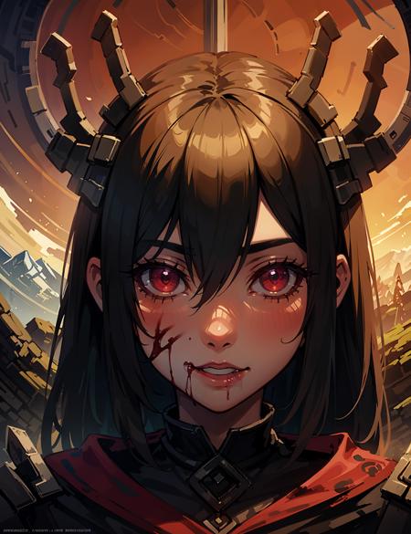 <lora:Evulchibi:0.7>, Evulchibi,
Beautiful woman. Detailed face. Open eyes. Scif vibes. Otherworldly. Cinematic. Ominous mountain, digital art, digital art, blood red moon, red forest, symmetrical digital illustration, realism, over detailed art, music album art.