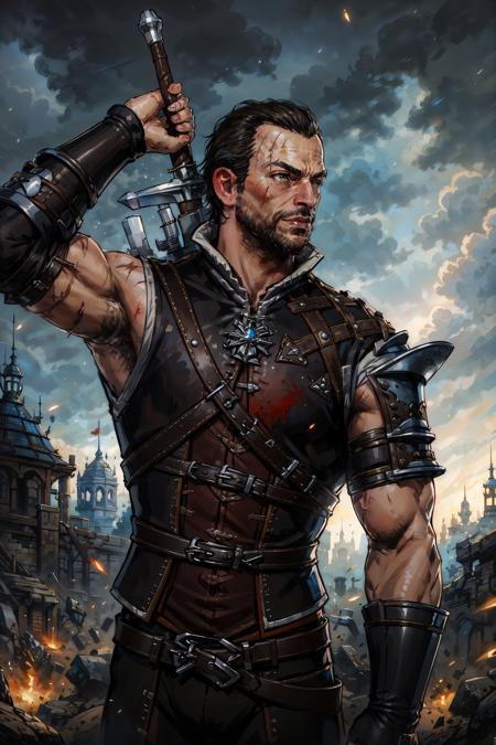 (masterpiece, top quality, best quality, official art, detailed:1.2),  <lora:lambert-20:0.7>,lambertW3_soul3142, solo, black hair, 1boy, weapon, male focus, sword, armor, muscular, facial hair, scar, beard, scar on face, vambraces, manly