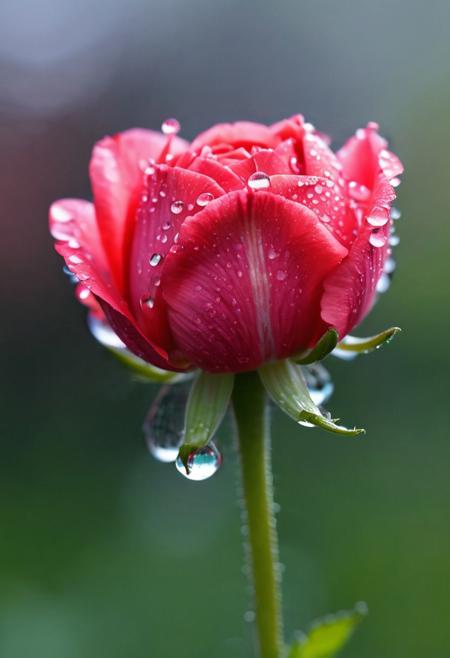 photorealistic hyperrealistic image with focus on a delicate rosy red flower with thin stem, close-up, ultra-detailed, feature fresh, gleaming raindrops, ((petals translucent like colored glass)), subtly textured, flower is vibrant, verdant stem with small leaves, also rain-speckled, macro photography technique, highlight intricate petal veins and droplet reflections, bokeh, luminous, translucent, crisp aesthetic, capturing the transient beauty post-rain, color contrast, serene, fragile visual ambiance
