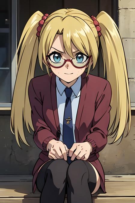 (masterpiece, best quality, ultra-detailed), 1girl, Rebecca Hopkins, blonde hair, twintails, red glasses,looking at viewer, sitting, city