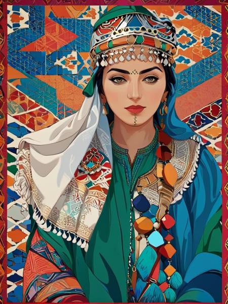 1woman, a poster by Maryam Hashemi, behance contest winner, moroccan art, poster art, digital illustration, <lora:UshamXL:1.2>, moroccan pattern background,