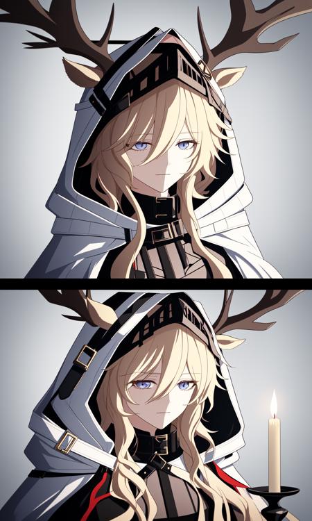 viviana \\\(arknights\\\),long hair,blonde hair,animal ears,deer ears,hood,bangs,hood up,hooded cape,cape,hair between eyes,ears through headwear,white cape,dress,blue eyes,black dress,gloves,candle