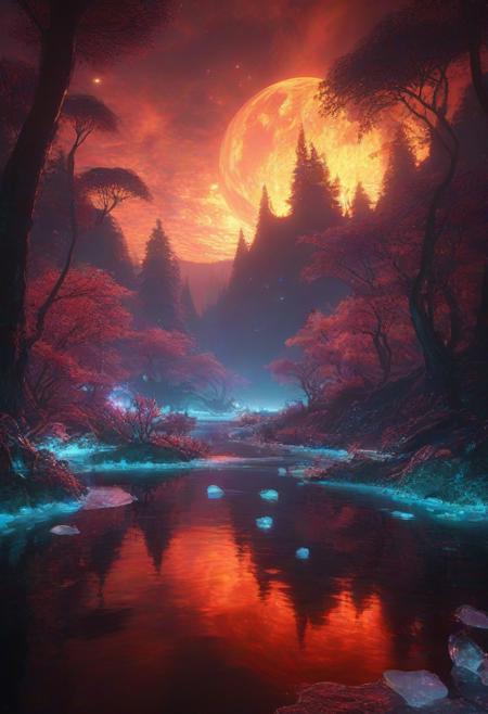 Ultrarealistic. sharp focus, dynamic lighting. play of light, reflection, refraction, Raytracing, Ultra detailed. Alien themed. Alien scenery. alien scenery background. alienworld. An alien fire dragon surrounded by ice.enchanting, cosmic, celestial, ethereal, vibrant flora, magical, luminous, serene, dreamy, radiant, bioluminescent, intricate details, surreal, enchanted forest