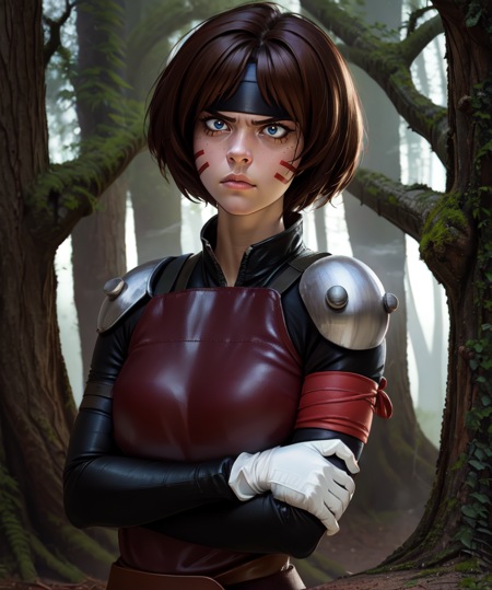 Smellerbee,brown hair,red facial mark,black eyes,serious,crossed arms,
headband,white gloves,leather breastplate,single shoulder pad,red armband,
standing,upper body,
forest,camp,night,
(insanely detailed, beautiful detailed face,beautiful detailed eyes, masterpiece, best quality),solo,<lora:Smellerbee-10-v9:0.7>,