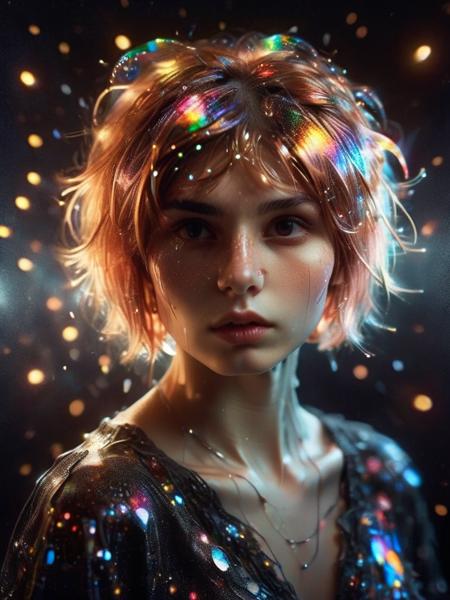 analog photo, dark shot, low key, action, (a intelligent afghan girl, 20 years old:1.1), strawberry blonde pixie bob hair, huge tits, fit, reflections on the wall background, abstraction atmosphere, (prismatic, holographic:1.2), sparkles, neon pixels, (neon light:1.1), chaotic, fashion magazine, (intricate details:0.9), (hdr, hyperdetailed:1.2) <lora:ral-blacklight-sdxl:1> ral-blacklight