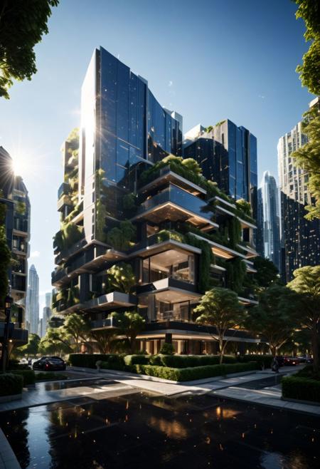 (((Modern style architecture, housing, luxury residence))),
outdoors, sky, tree, blue sky, no humans, ground vehicle, building, scenery, reflection, city, cityscape, bare tree, skyscraper, real world location,
(Large Files, Ultra Realistic, 8K, 16k, FHD, HD, VFX, Perfect, Photography, composition, Architecture Sales Photography, Architecture Competition, Ultra High Resolution, Cinematography, High Resolution Image:1.1), (dramatic lighting, direct sunlight, ray tracing, clear shadow:1.2), (real landscape:1.1), (blurred background:1.0), (urban background, more_details)  
(avant-garde, future, reality, science fiction, photorealistic), (modern architecture:1.2), White limestone with black granite, fountain, waterfall, landmark, square, path, narrow street,
(Large Files, Ultra Realistic, 8K, 16k, FHD, HD, VFX, Perfect, Photography, composition, Architecture Sales Photography, Architecture Competition, Ultra High Resolution, Cinematography, High Resolution Image:1.1), (dramatic lighting, direct sunlight, ray tracing, clear shadow:1.2),  (real landscape:1.1), (blurred background:1.0), (urban background, more_details) ,
great lighting, extremely detailed, clear, SteamPunk, futuresurban