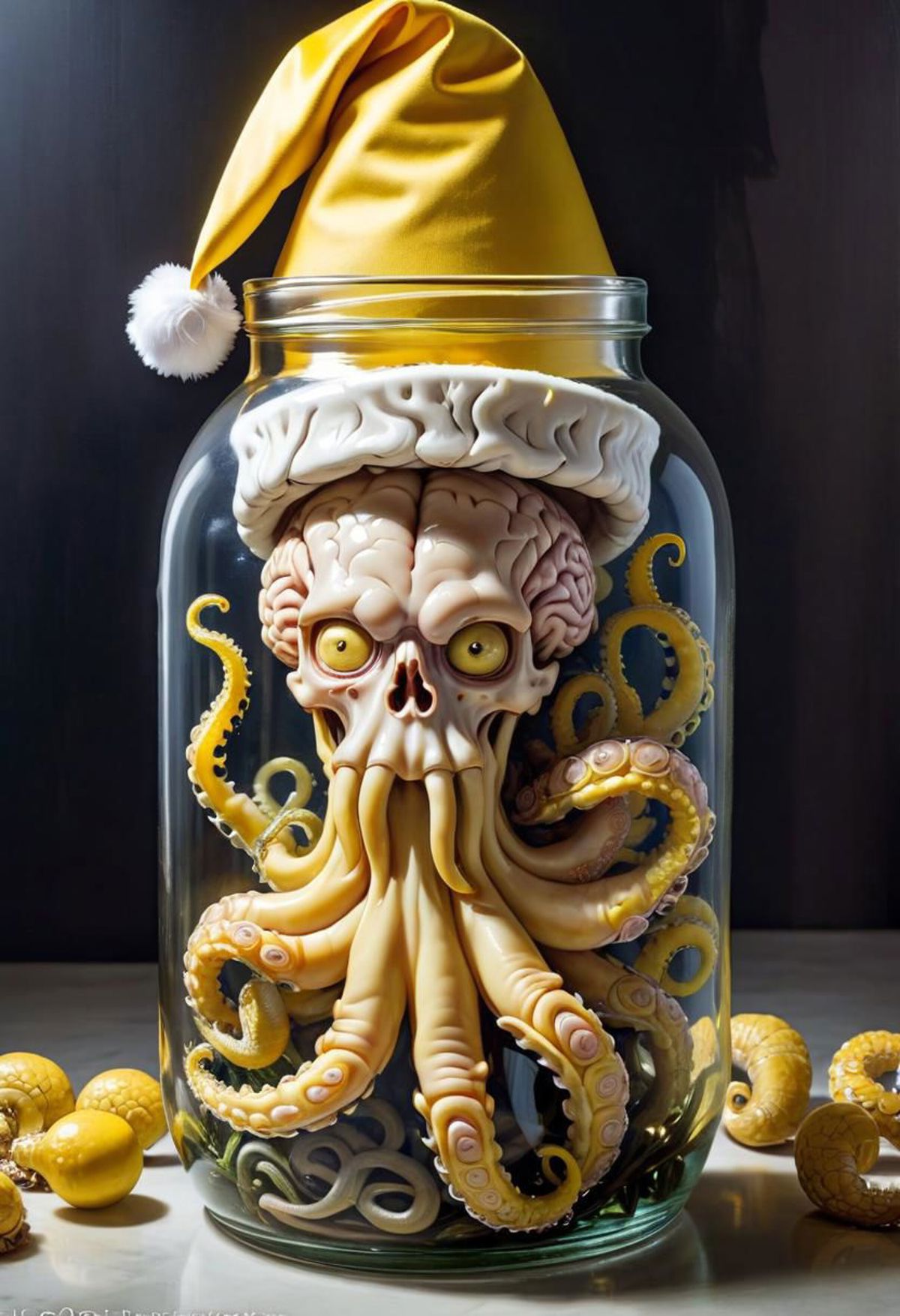 A Creepy Scary Octopus in a Jar with a Santa Hat.