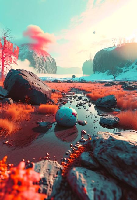 ((masterpiece,best quality)), minimalist, carbonite planet, infrared picture, soft colors, sad theme,   outdoors, field, giant sharp dark rocks, scenery, pale sun, fog,Simon Stlenhag style, very empty space, wery wide angle, panoramic